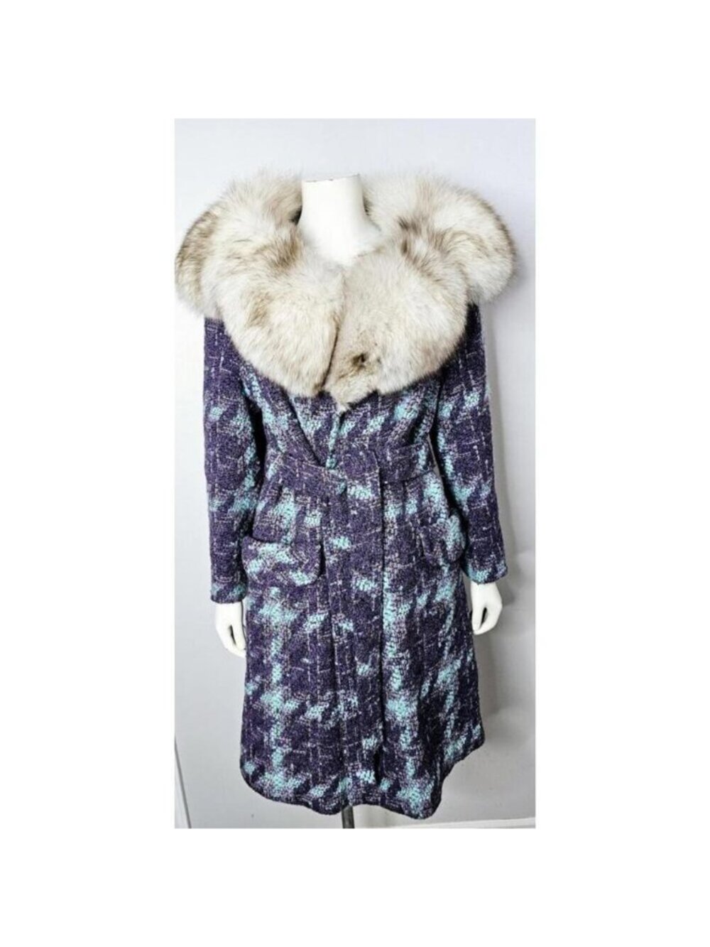 Vintage 1960s Purple and Turquoise Boucle Wool Coat with Fur Collar